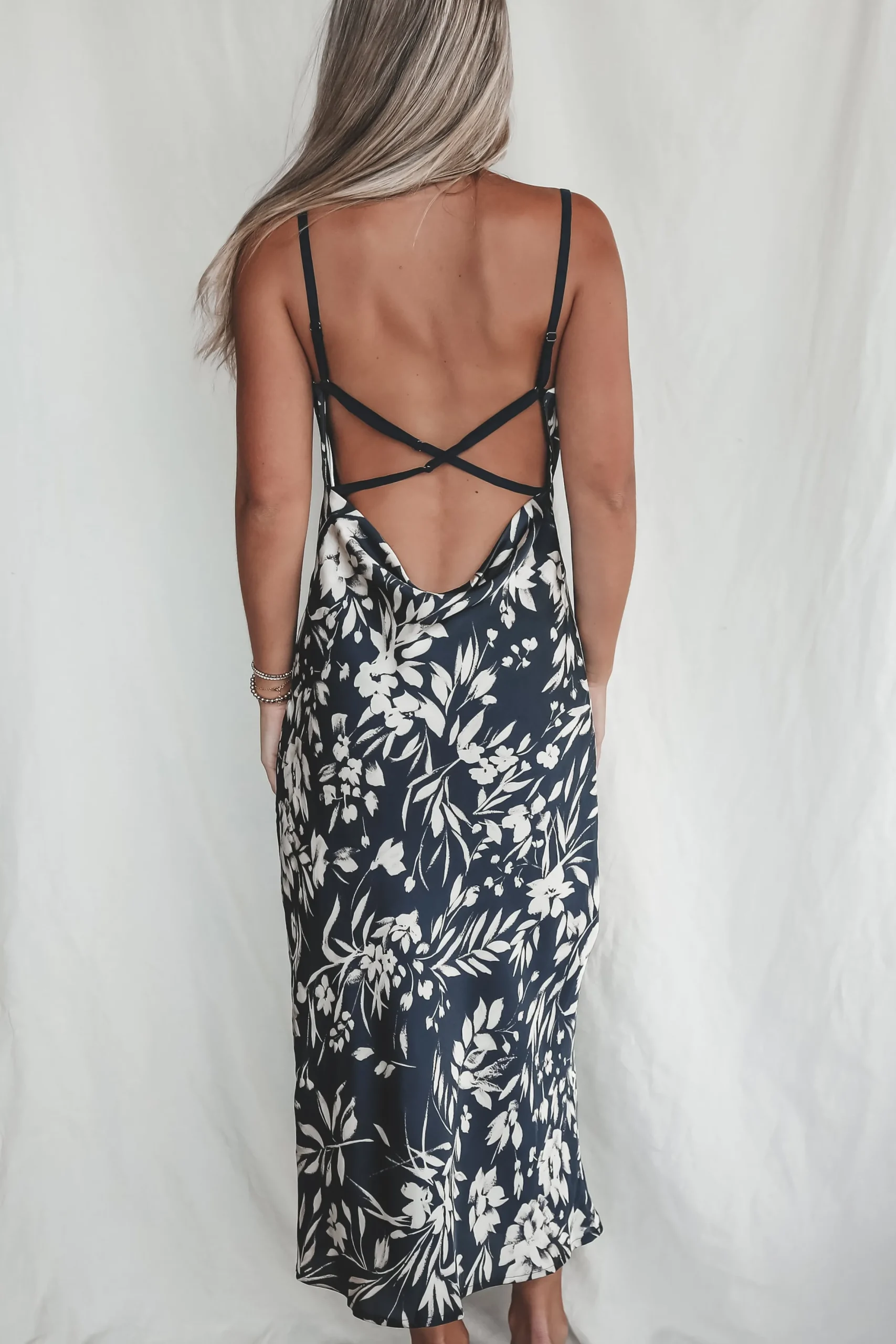 A Nice Evening Navy Satin Low Back Maxi Dress