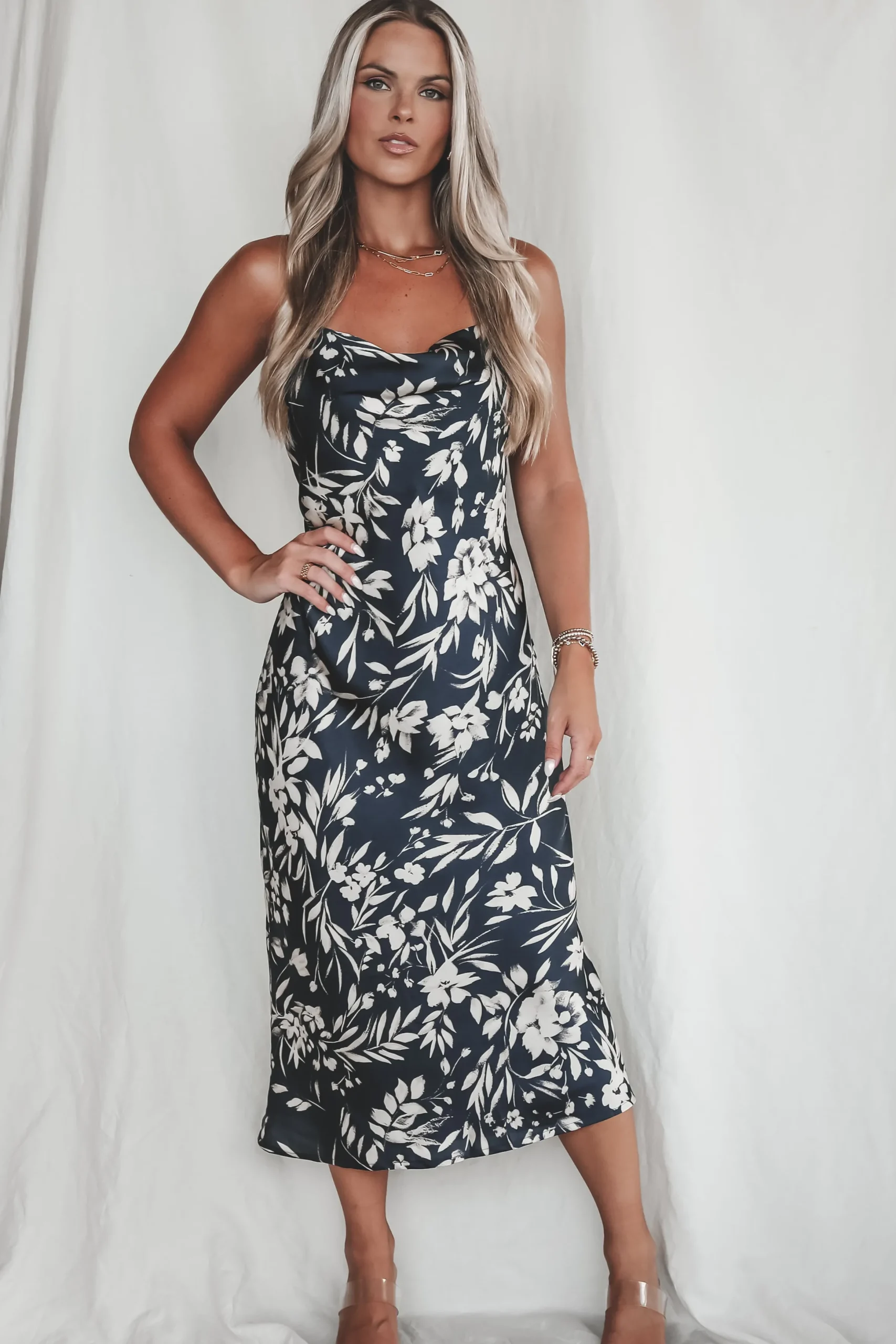 A Nice Evening Navy Satin Low Back Maxi Dress