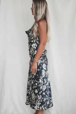 A Nice Evening Navy Satin Low Back Maxi Dress