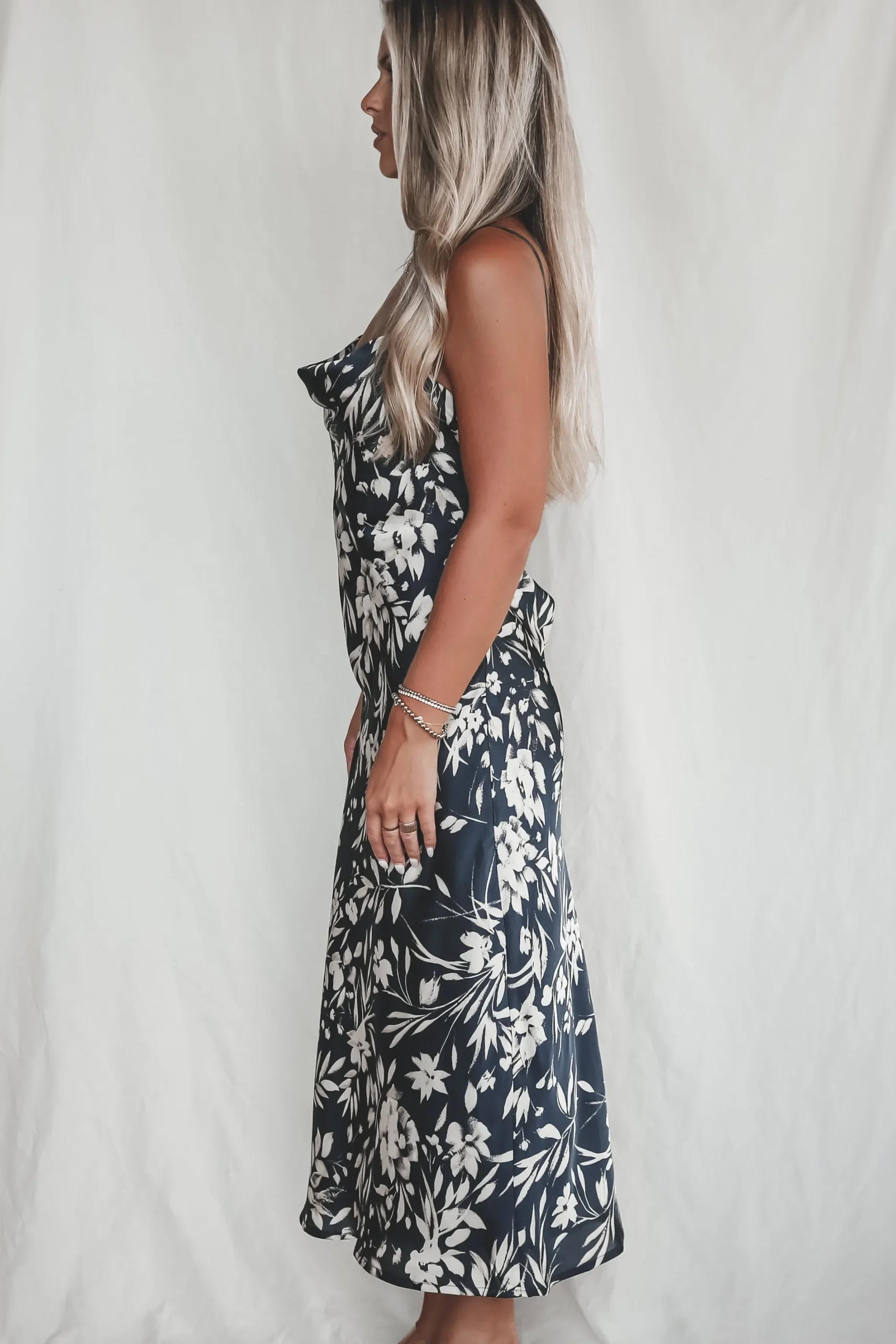A Nice Evening Navy Satin Low Back Maxi Dress