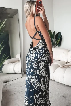 A Nice Evening Navy Satin Low Back Maxi Dress