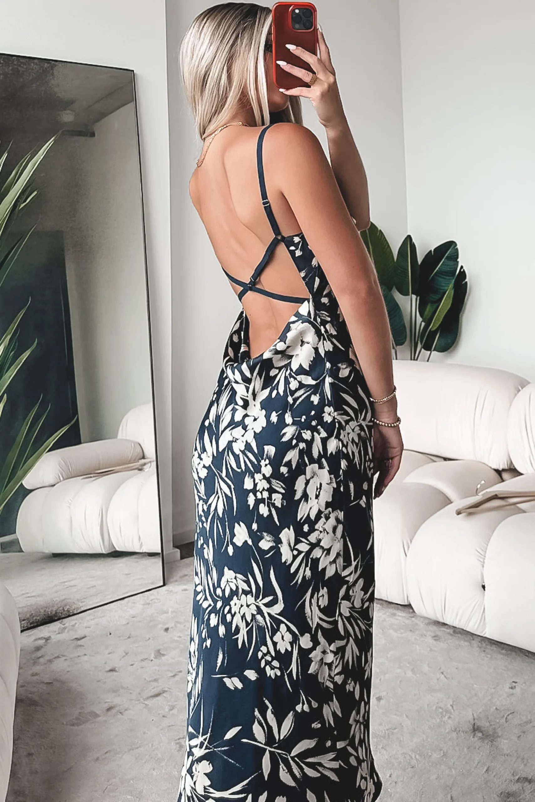 A Nice Evening Navy Satin Low Back Maxi Dress