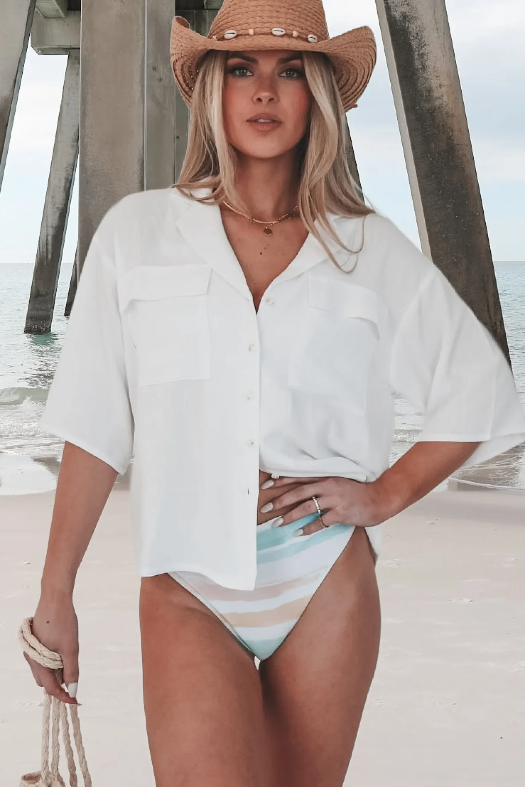 Answering Emails By The Ocean Button Up Cropped Short Sleeve Top