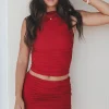 Getting Hot In Here Red Ruched High Neck Mini Skirt Set