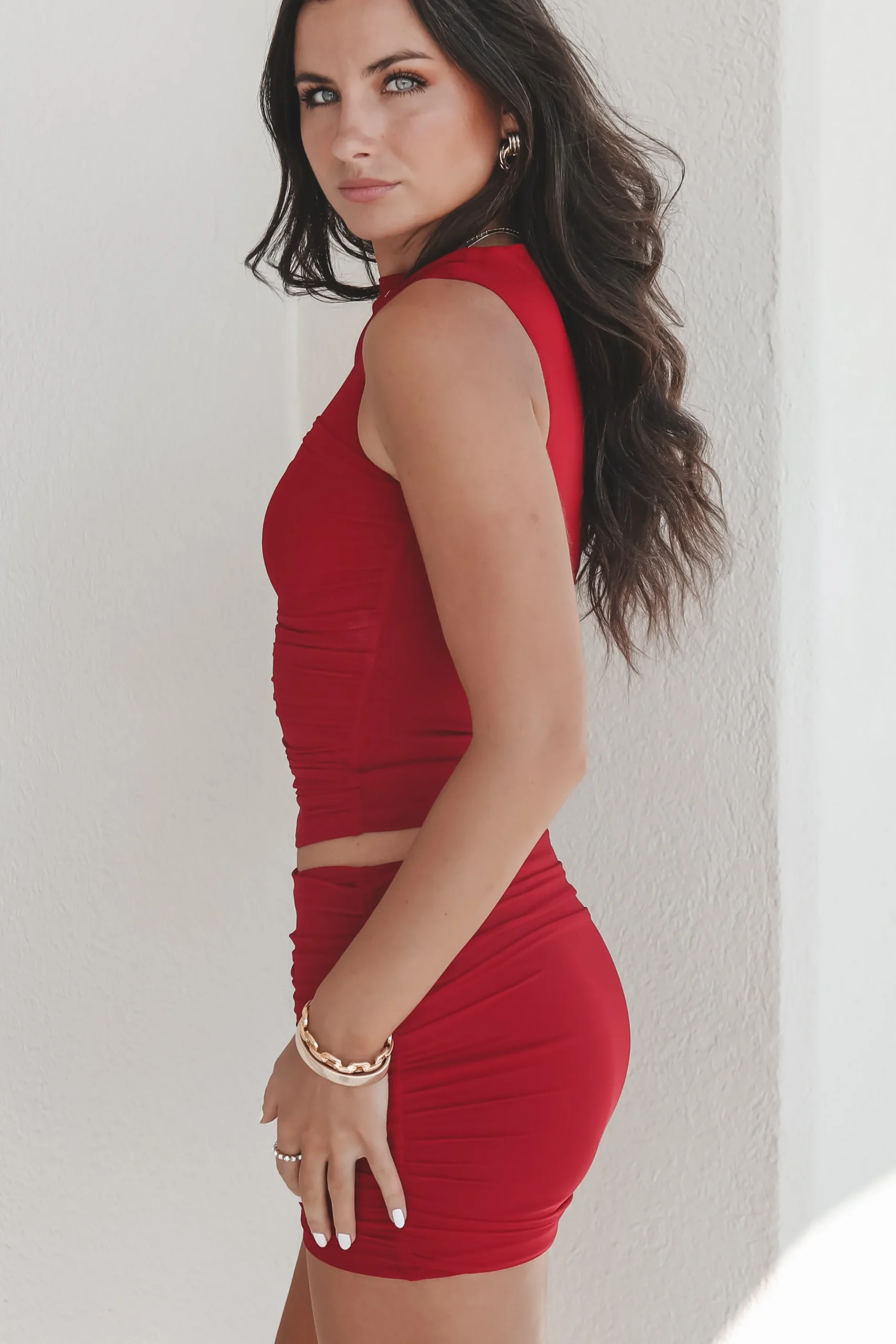 Getting Hot In Here Red Ruched High Neck Mini Skirt Set