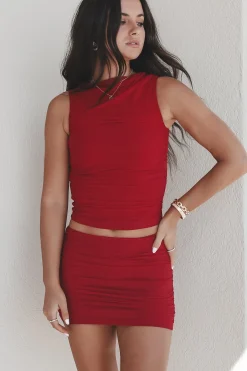 Getting Hot In Here Red Ruched High Neck Mini Skirt Set