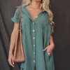 Hanging Out Tonight Green Linen Button Up Dress