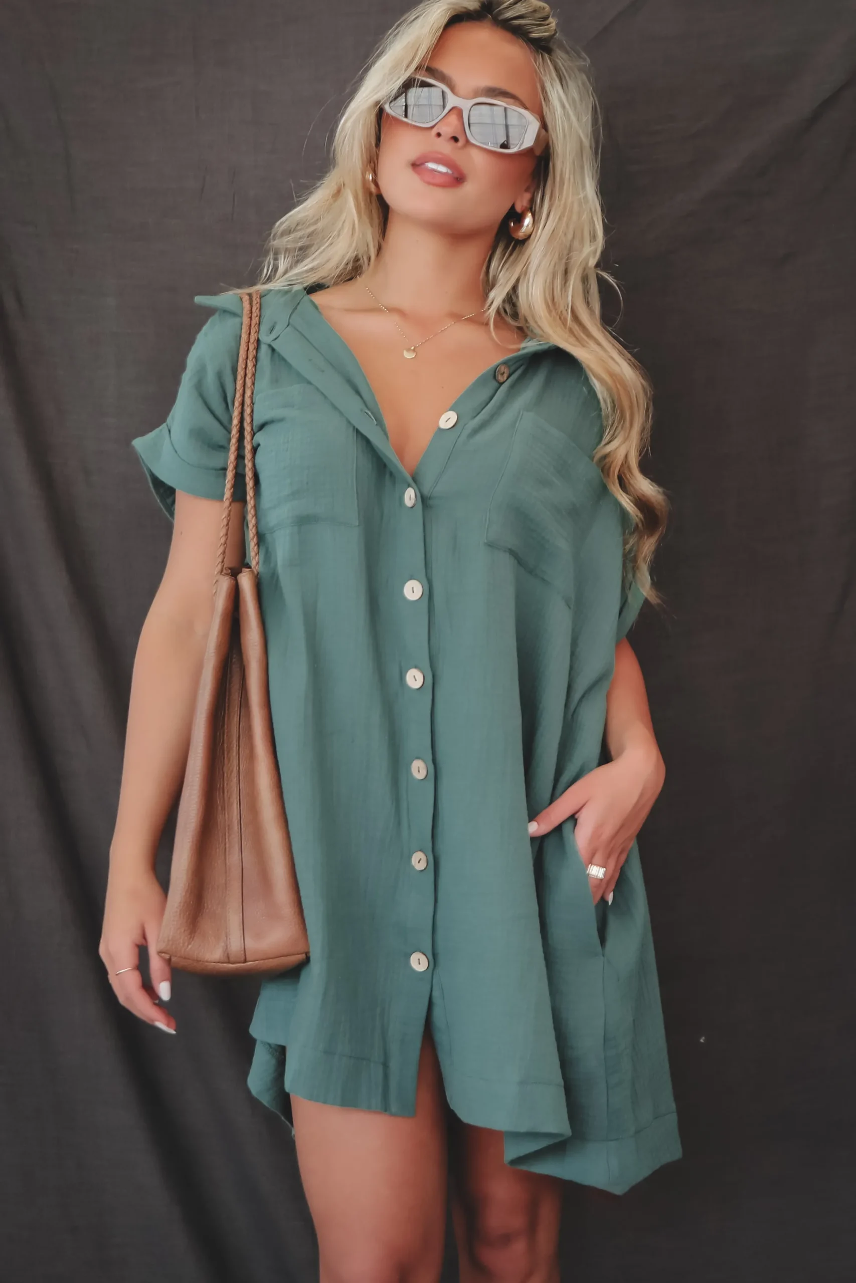 Hanging Out Tonight Green Linen Button Up Dress
