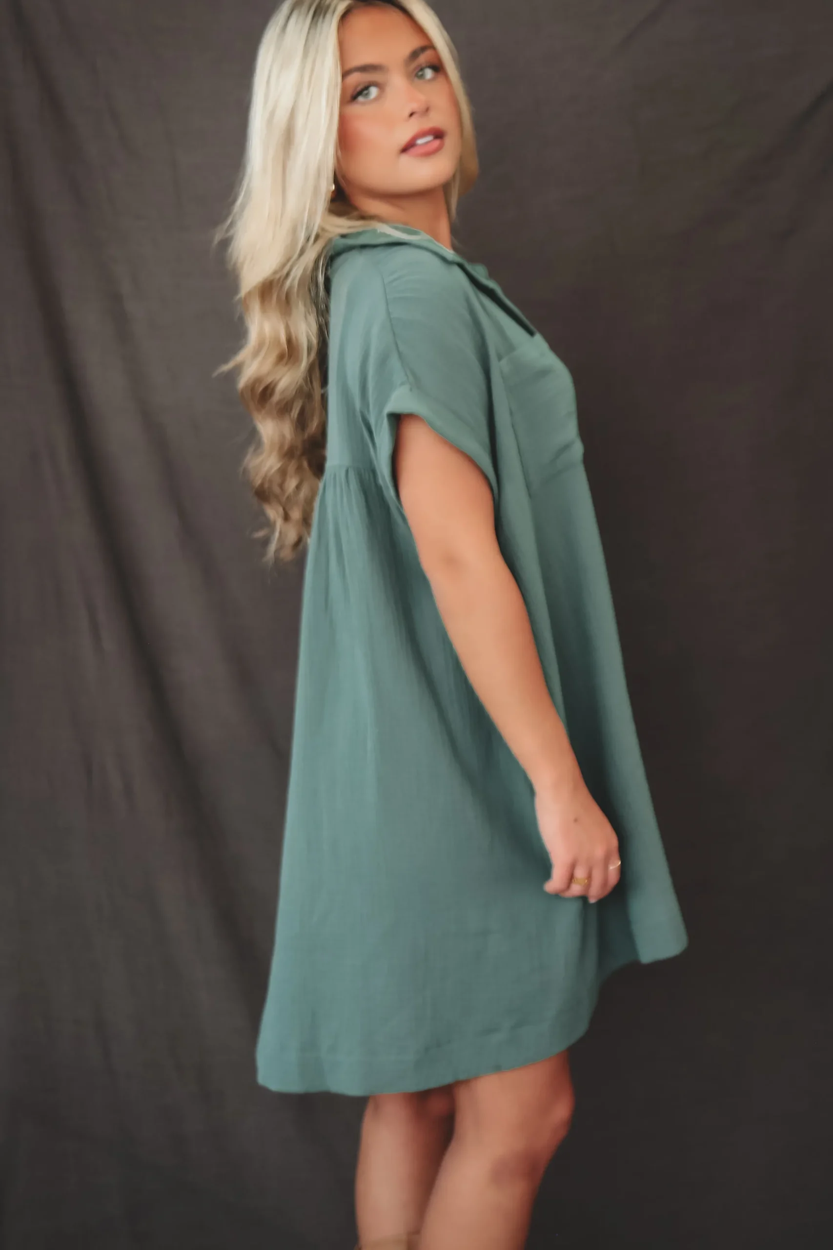 Hanging Out Tonight Green Linen Button Up Dress