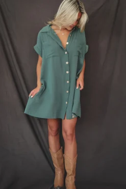 Hanging Out Tonight Green Linen Button Up Dress