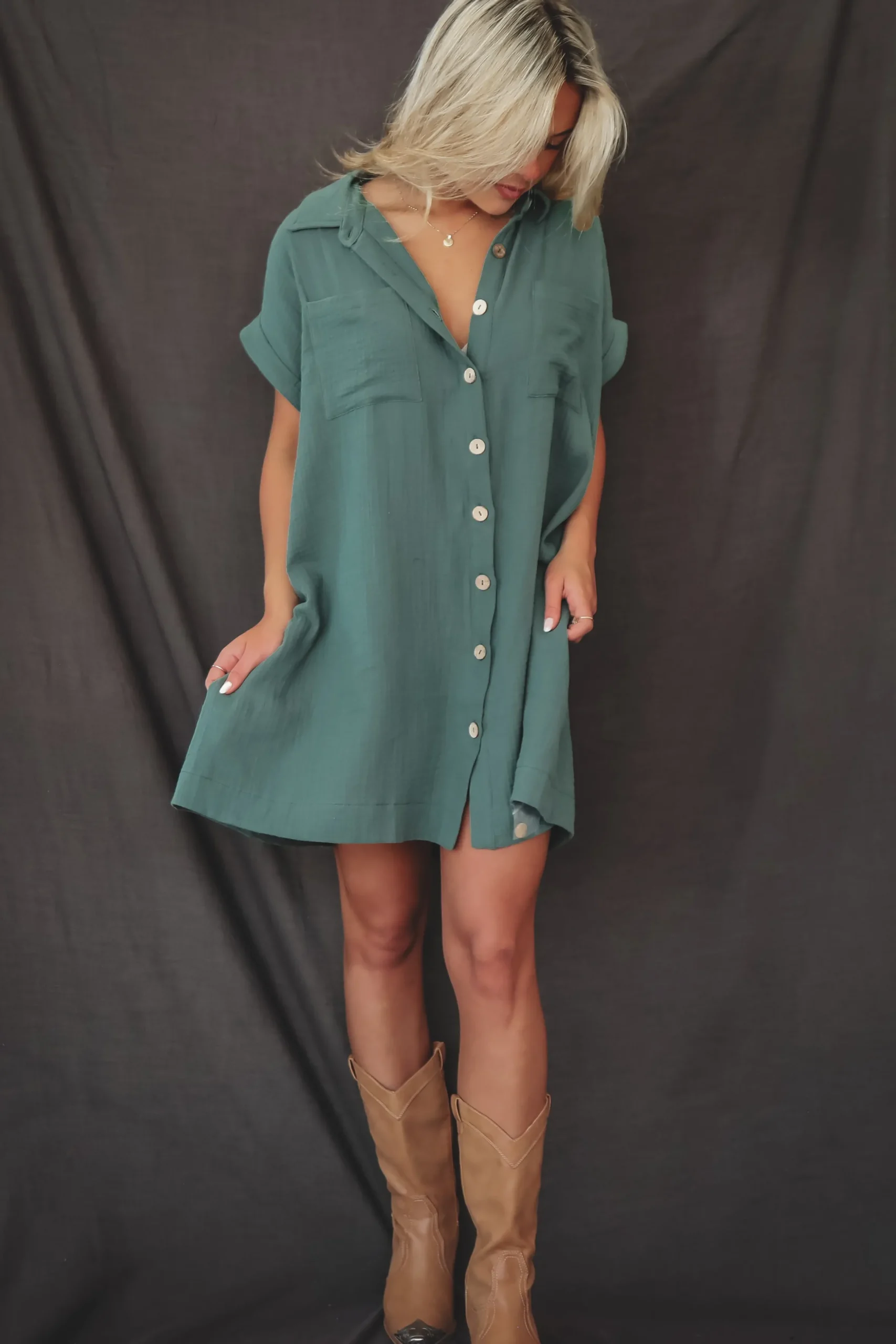 Hanging Out Tonight Green Linen Button Up Dress
