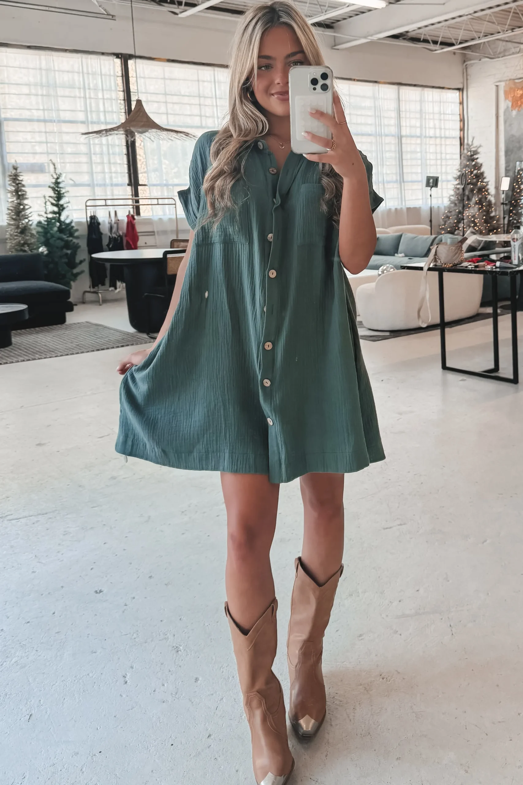 Hanging Out Tonight Green Linen Button Up Dress