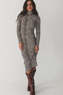 High Class Long Sleeve Leopard Midi Dress