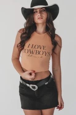 I Love Cowboys High Neck Western Graphic Cropped Fitted Tank