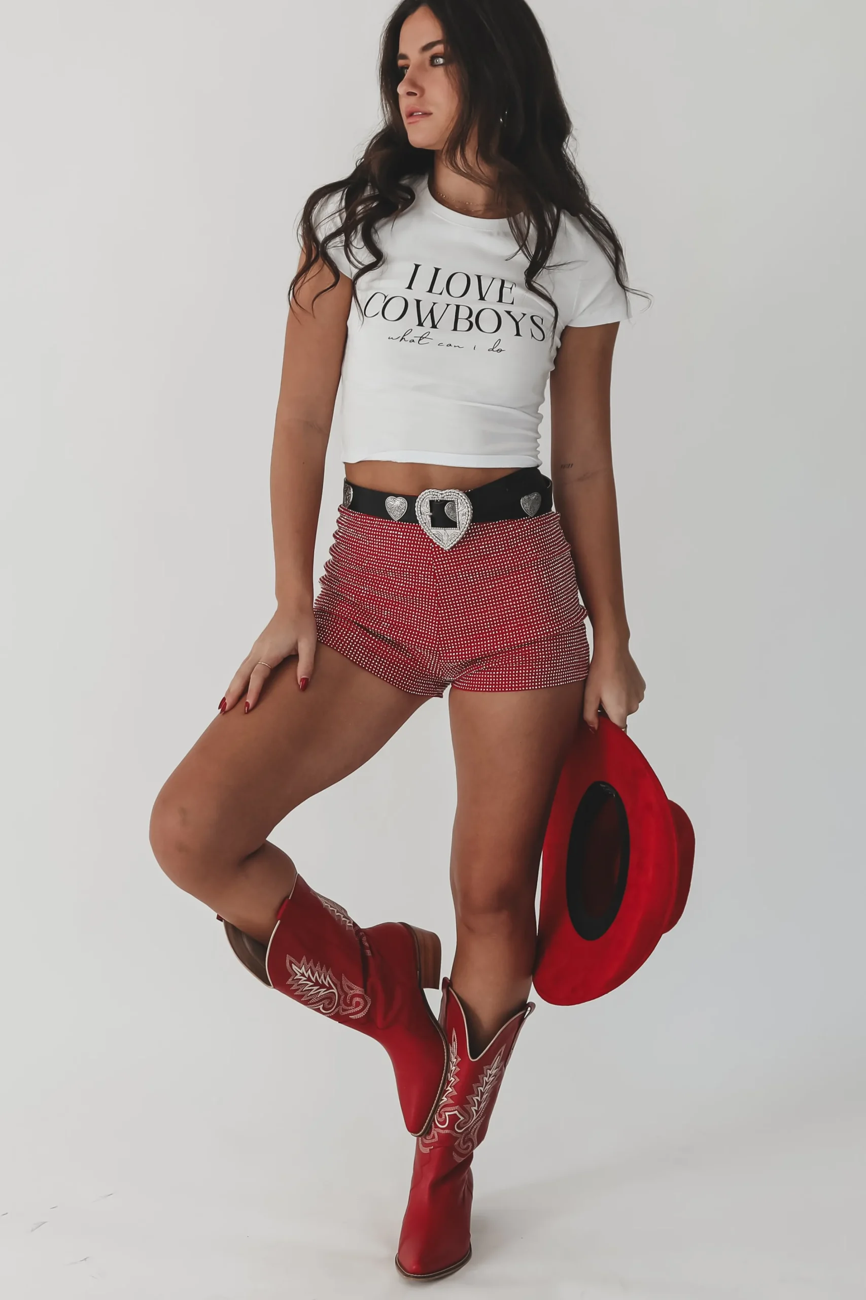 I Love Cowboys Western Graphic Cropped Fitted Tee