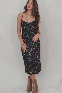 In Your Wildest Dream Navy Floral Satin Midi Dress