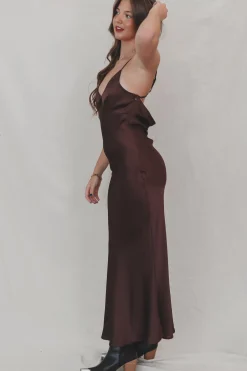 It's A Date Brown Satin Maxi Dress