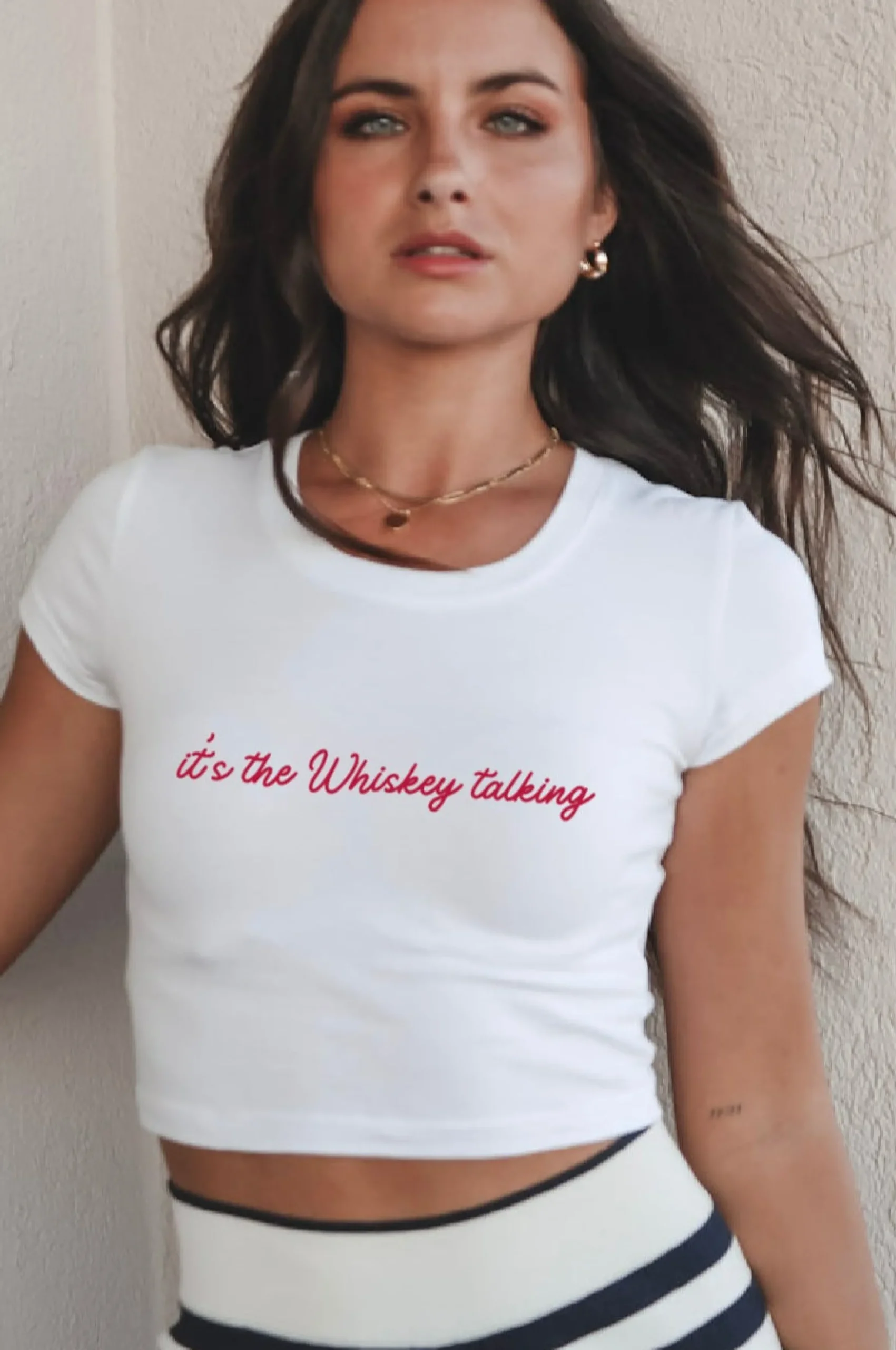 It’s The Whiskey Talking White Fitted Cropped Graphic Babydoll Tee