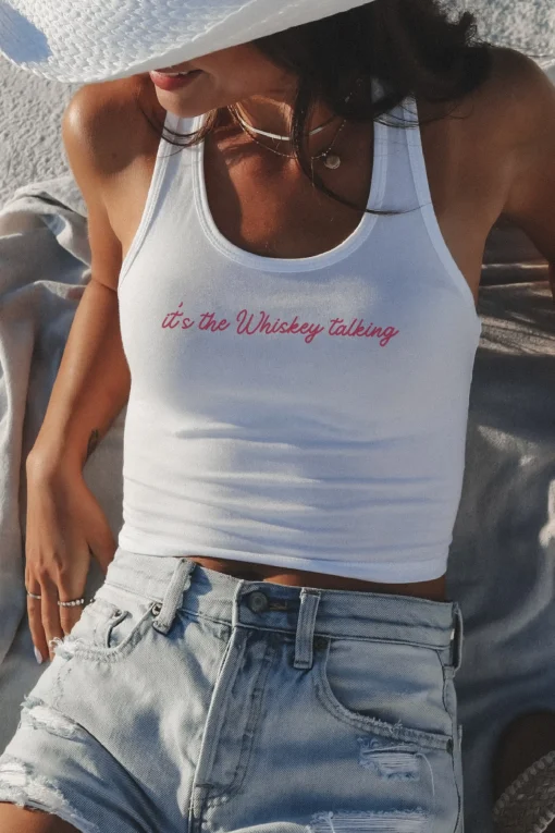 It’s The Whiskey Talking White Fitted Cropped Graphic Tank