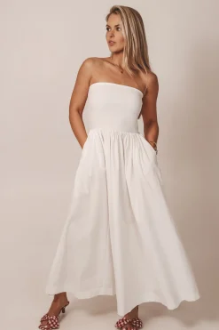 Meet Me A Five Drop Waist White Strapless Maxi Dress