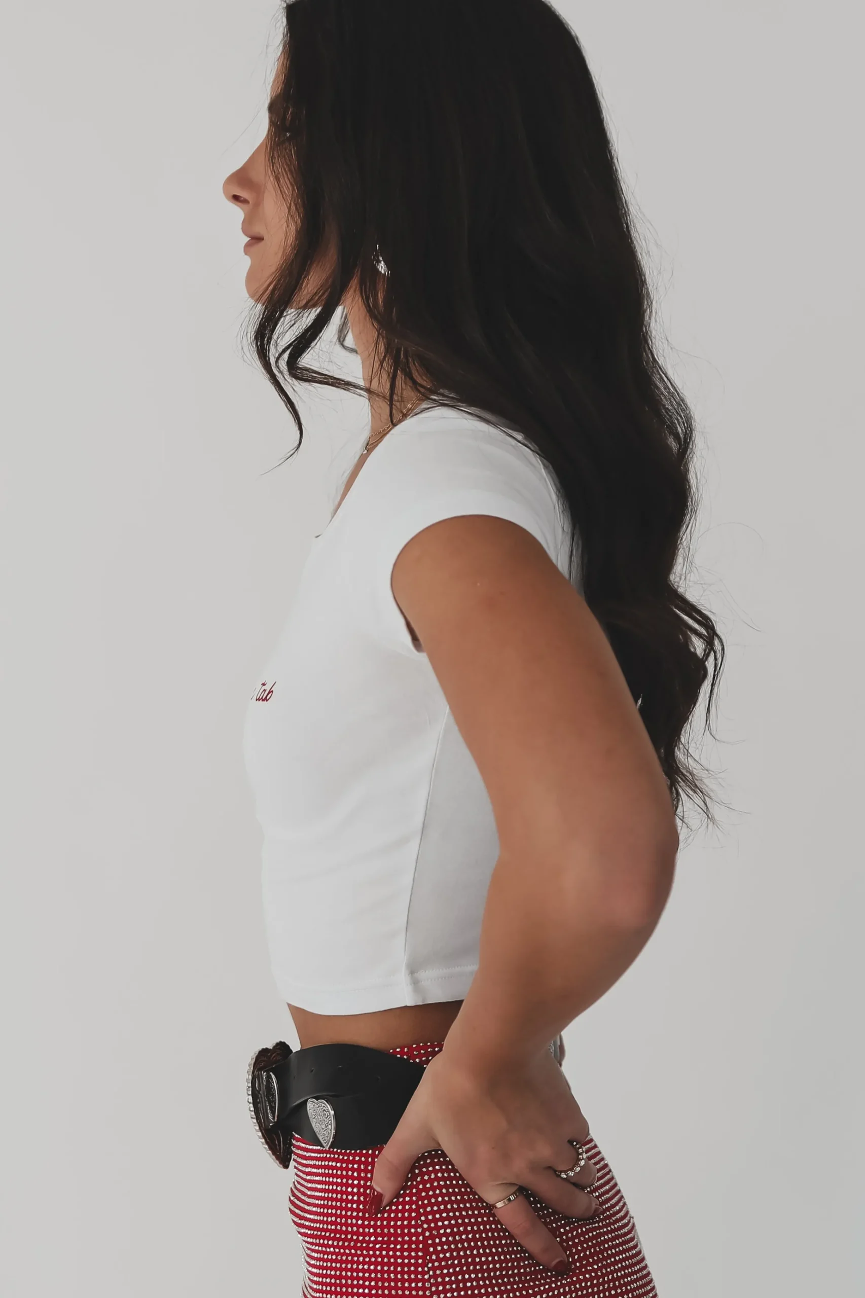 Put It On The Cowboys Tab Graphic Short Sleeve Babydoll Cropped Tee