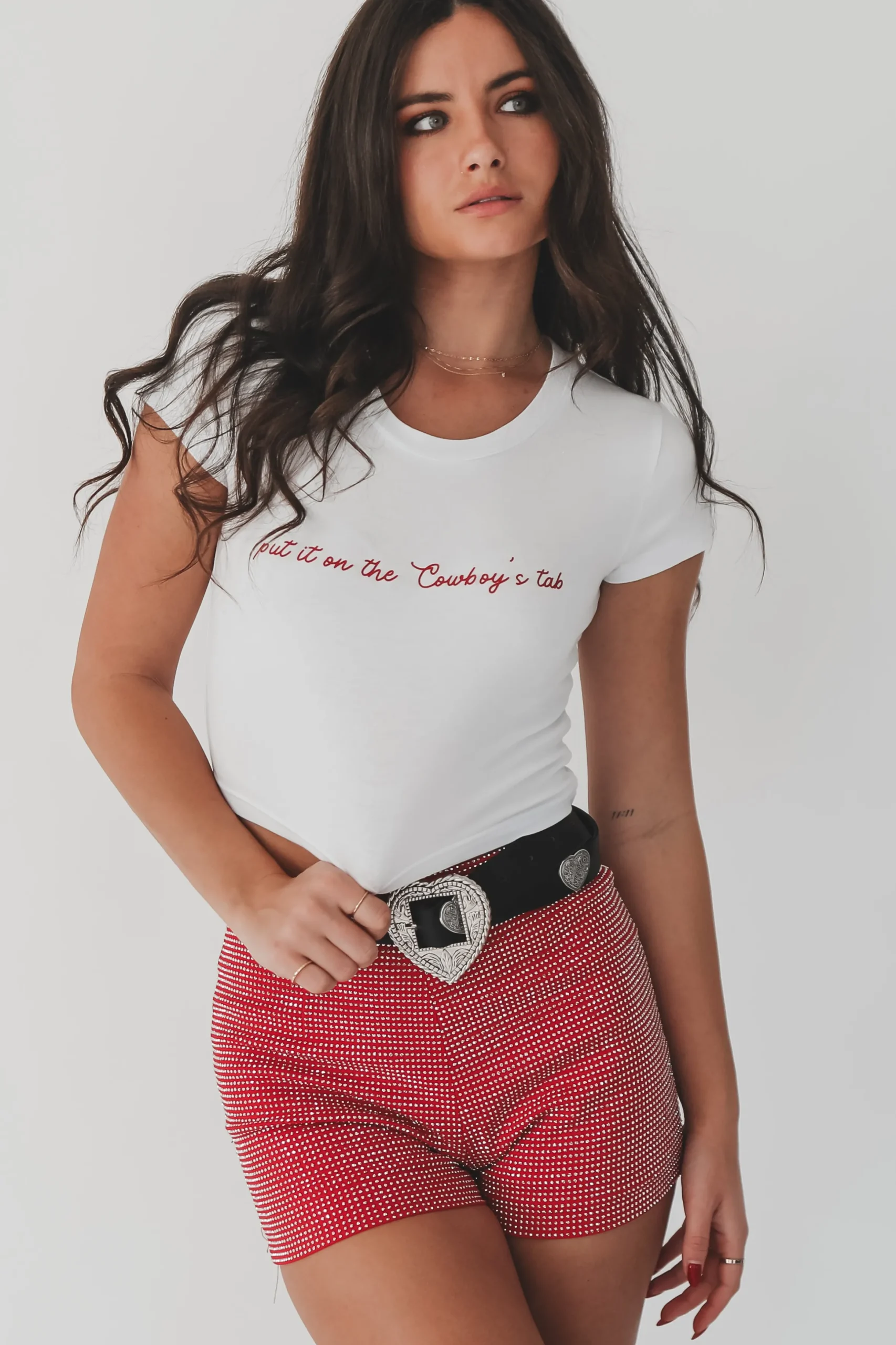 Put It On The Cowboys Tab Graphic Short Sleeve Babydoll Cropped Tee