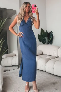 SAGE THE LABEL Midnight Blue Satin Maxi Dress