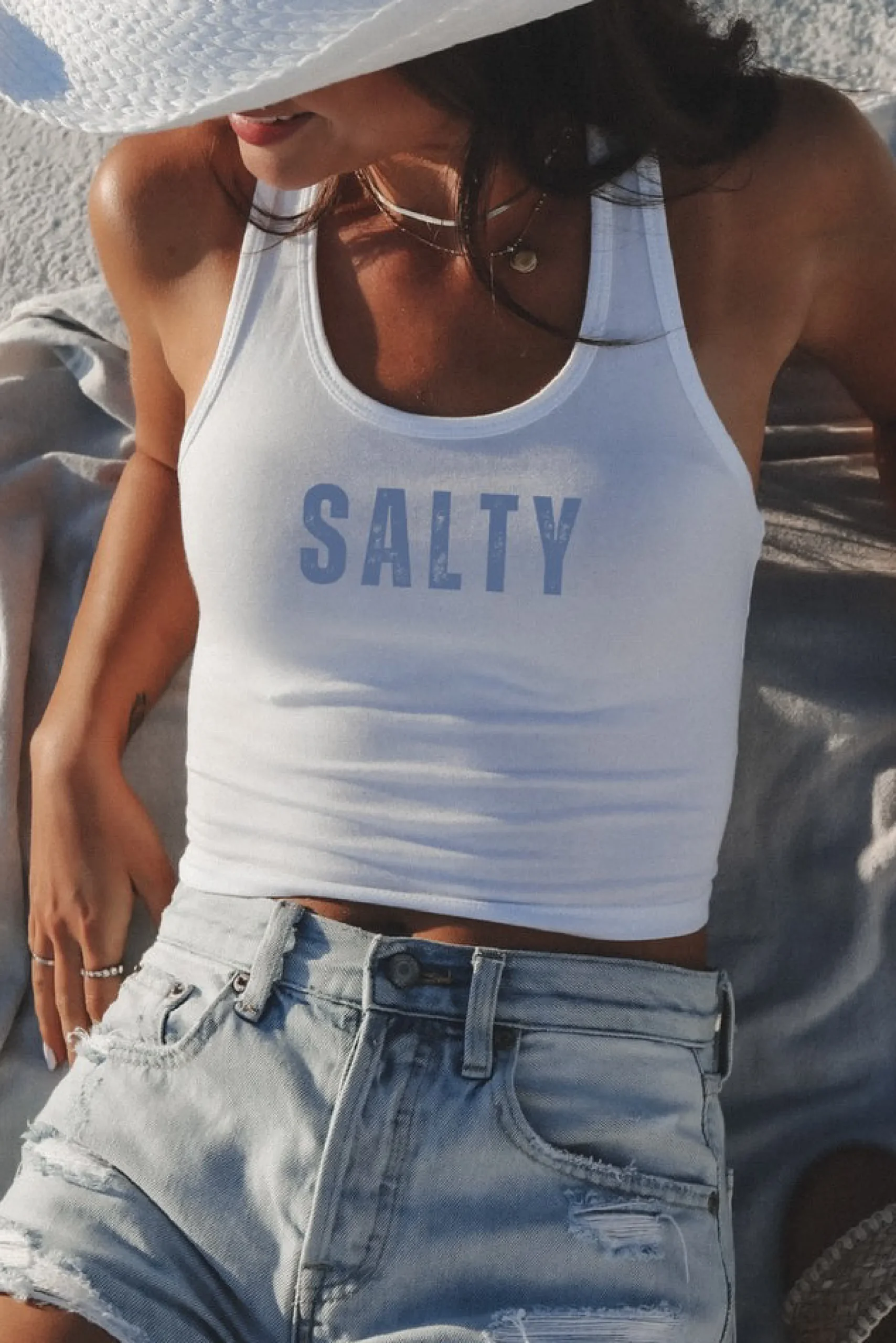 Salty Minimalist Graphic Fitted Cropped Beach Summer Vacation Tank Top