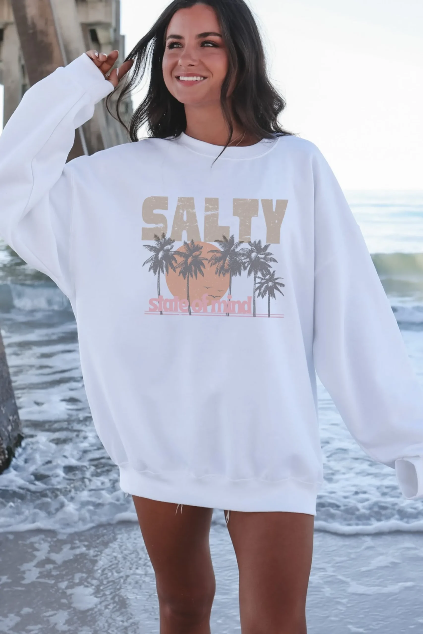 Salty State Of Mind White Graphic Crew Neck Top