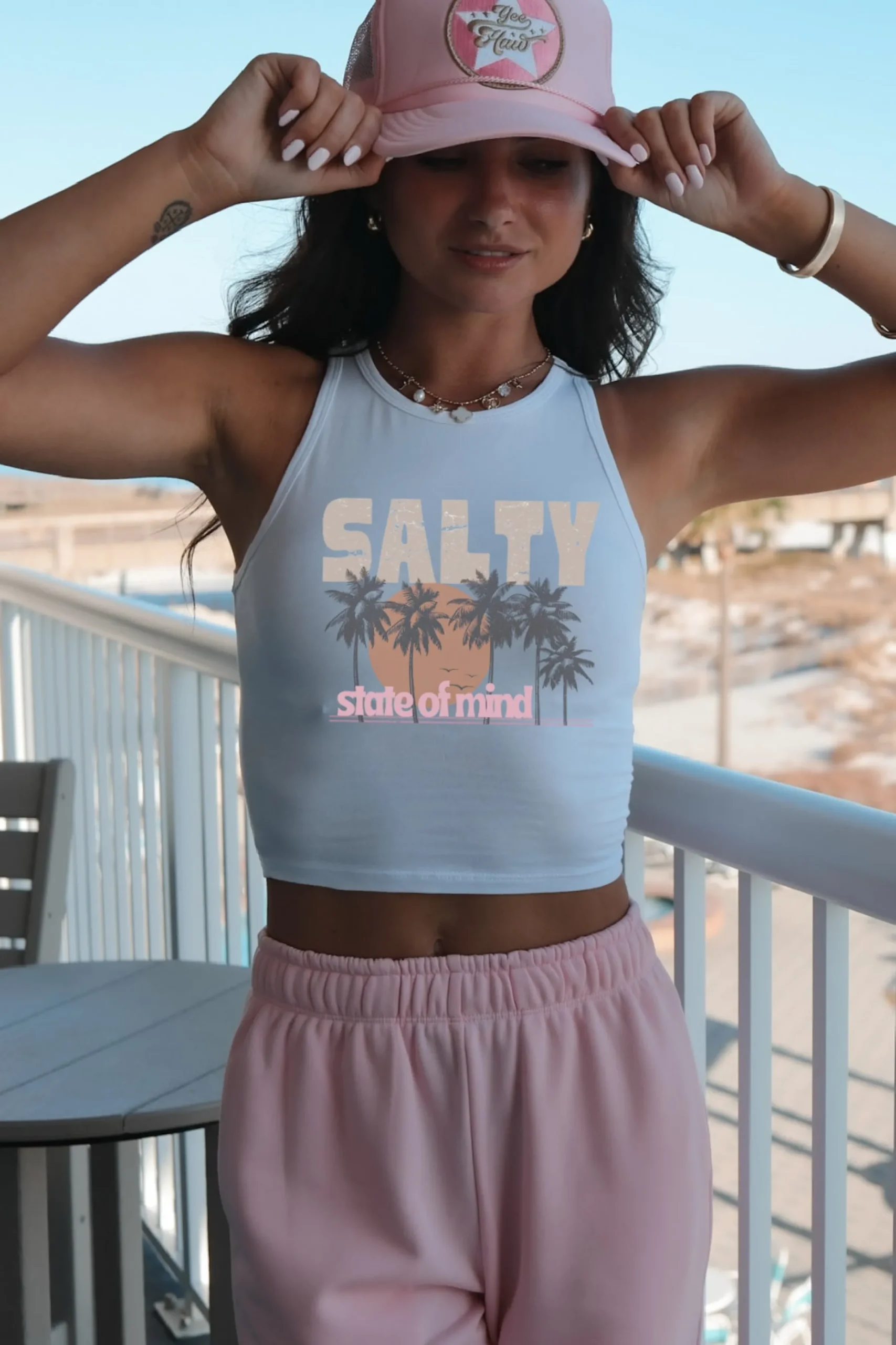 Salty State Of Mind White Graphic High Neck Crop Top