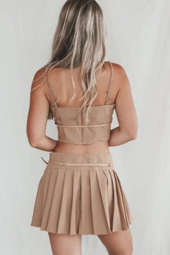 She Means Business Tan Belted Pleated Mini Skirt Set