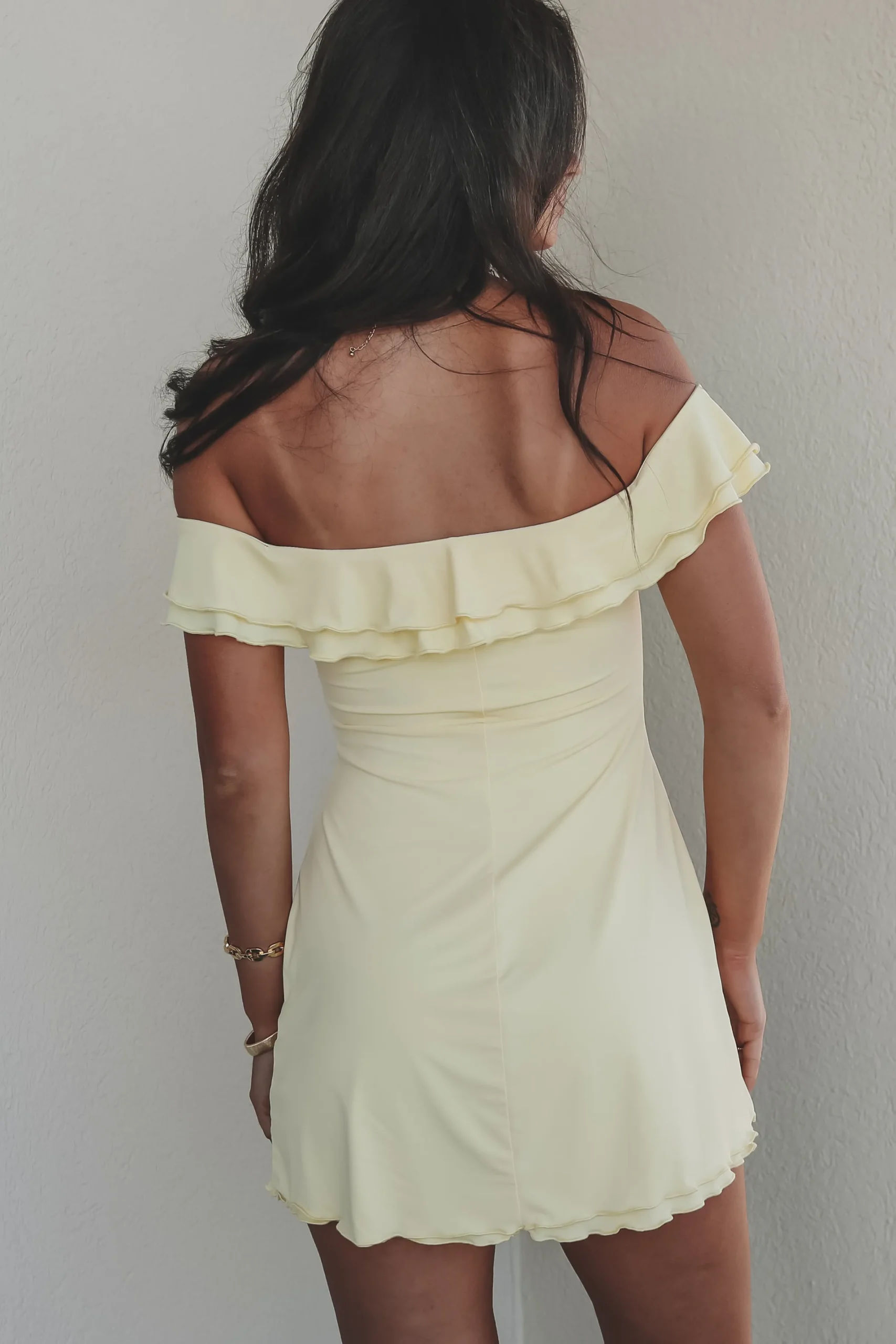 So On Trend Light Yellow Off The Shoulder Ruffle Dress