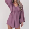 Something Extra Puff Sleeve Mauve V Plunge Dress