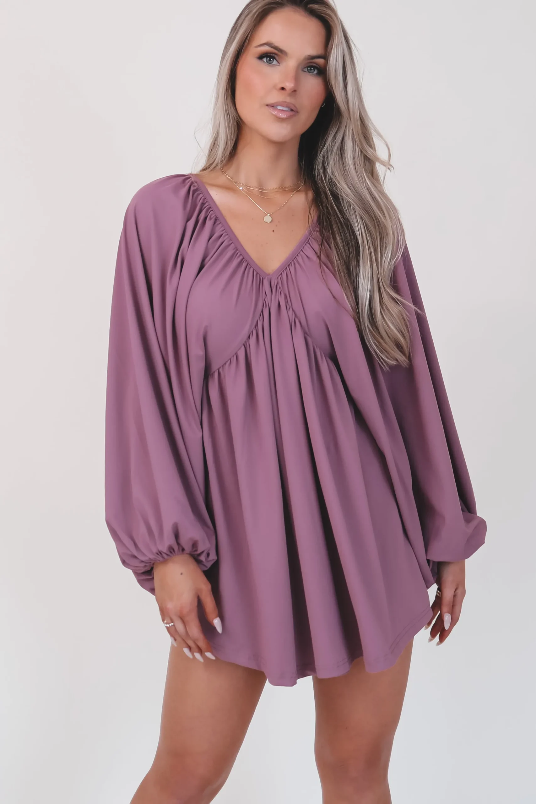 Something Extra Puff Sleeve Mauve V Plunge Dress