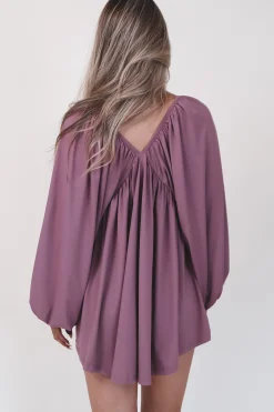 Something Extra Puff Sleeve Mauve V Plunge Dress