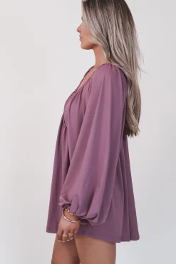 Something Extra Puff Sleeve Mauve V Plunge Dress