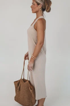 Talk Warmer Weather To Me Taupe Midi Dress