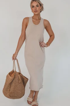 Talk Warmer Weather To Me Taupe Midi Dress