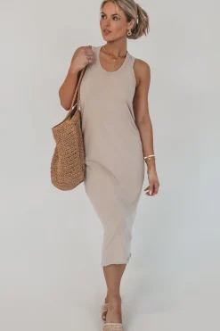 Talk Warmer Weather To Me Taupe Midi Dress
