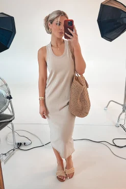 Talk Warmer Weather To Me Taupe Midi Dress